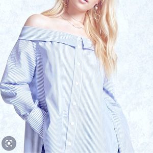 Off the shoulder pinstriped shirt.